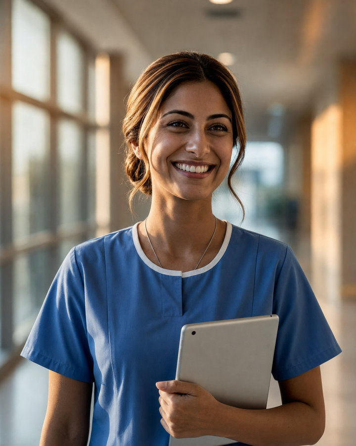 A smiling woman healthcare professional holding a tablet in a modern clinical corridor