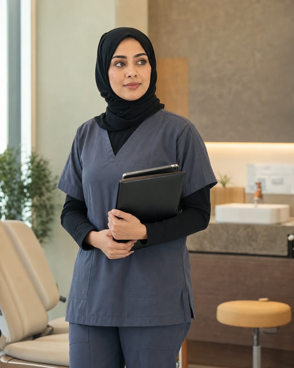 A healthcare professional moving confidently through a calm clinic